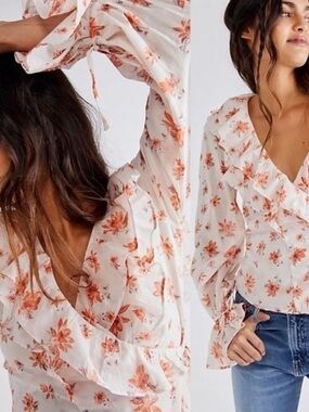 Free People Cream wrap Blouse with Orange Floral Ruffle V-Neck